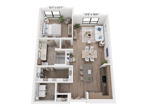 Floor plan for 1 bed, 1 bath, 912 sqft